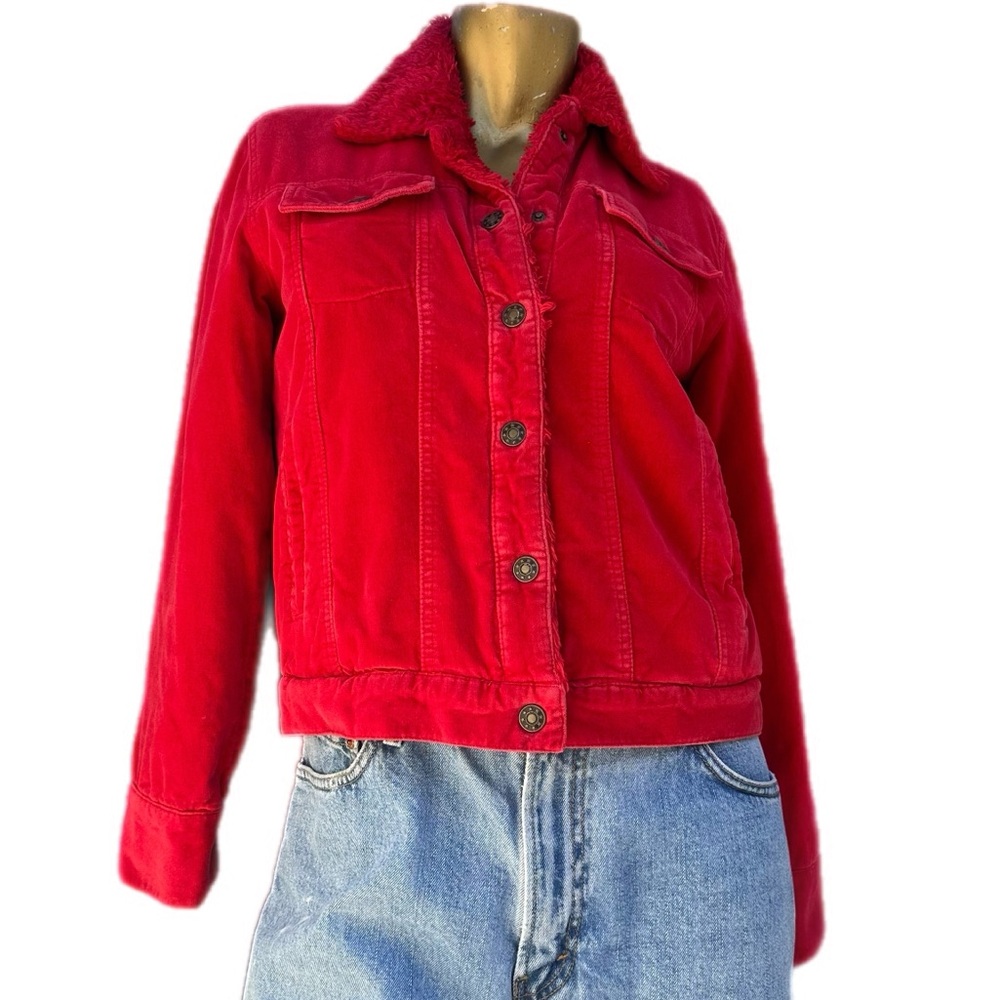 Vintage Carole Little faux fur lined cotton velvet snap button jacket size M